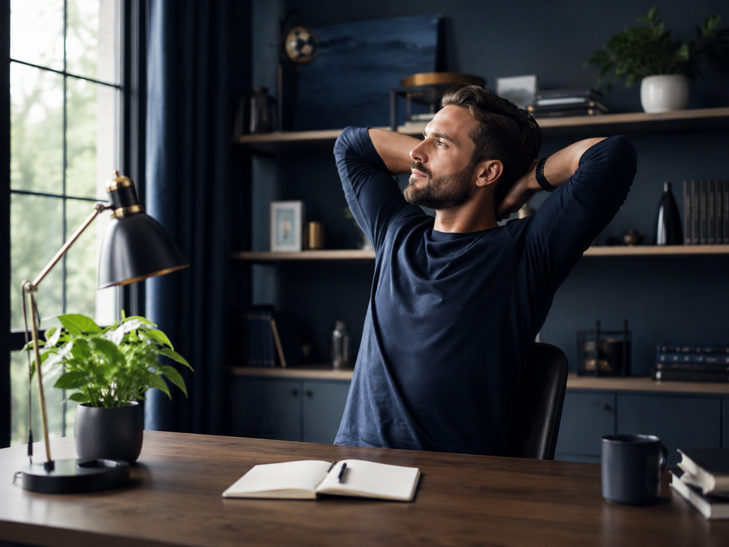 Hombre reflexionando durante una jornada productiva